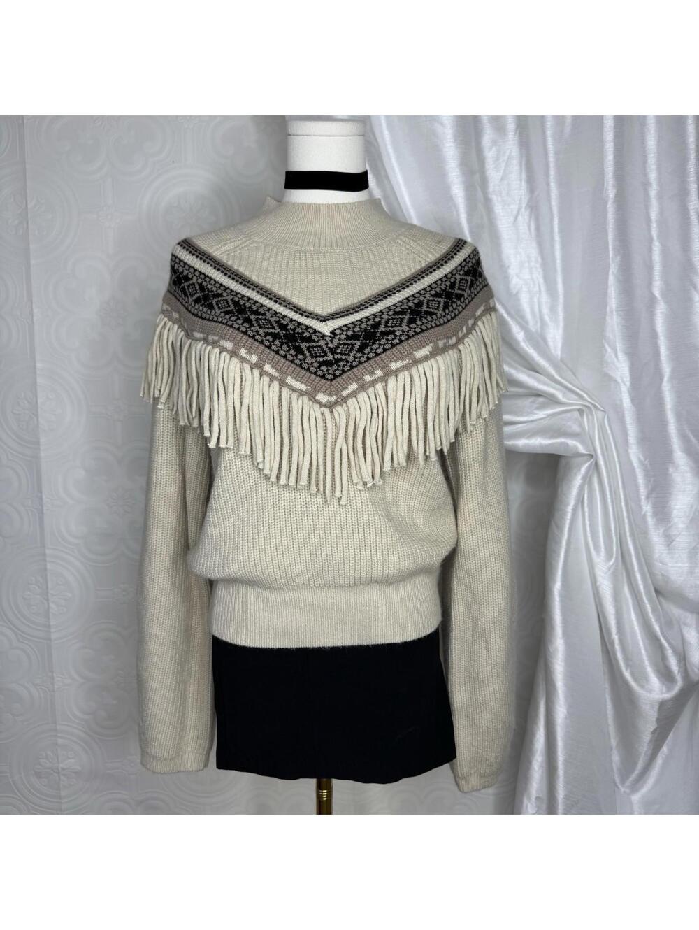Altard State Knit Beige Geometric Fringe Sweater
